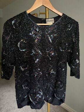 Vintage 100% Silk Beaded Top Black Sequin Scalloped Hem Zipper Back 90s Glam S